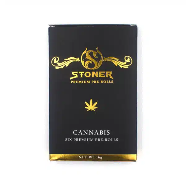 Stoner Premium Pre-Rolls are a 6-pack of pre-rolled cannabis flower available in multiple strain categories, including indica, sativa, hybrid, and CBD-focused options. The selection includes strains such as Black Diamond, Blue Cheese, Blueberry, Death Star,